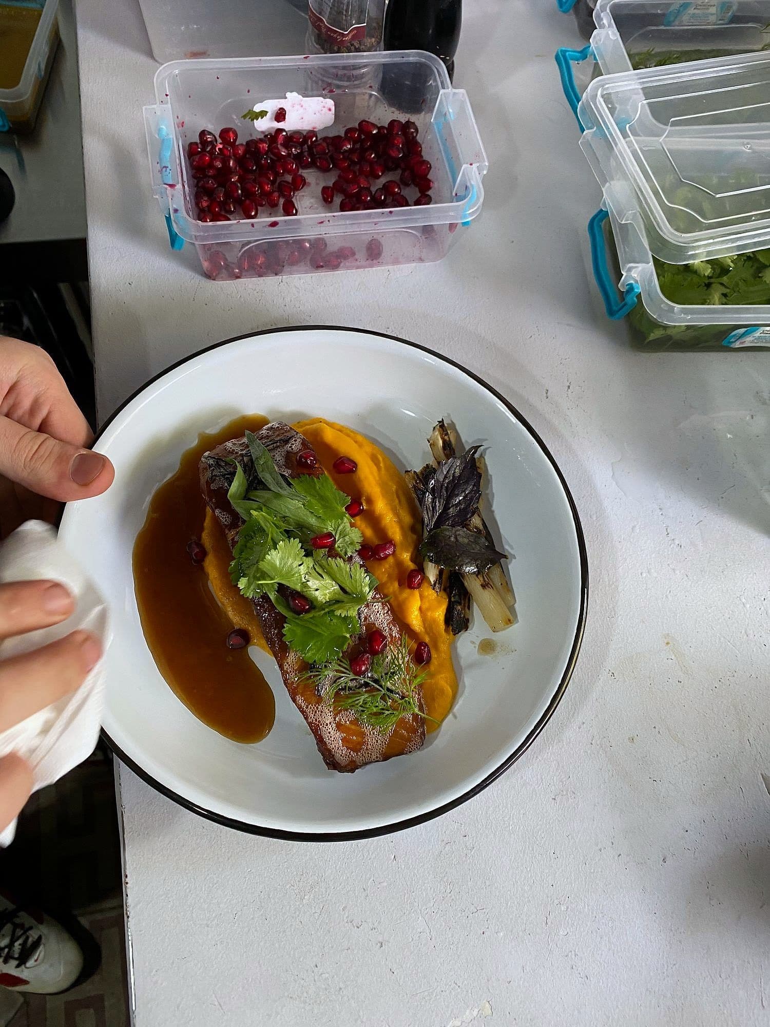 Sliced roast meat on spread squash purée with charred leaf, pomegranate and jus on a white plate